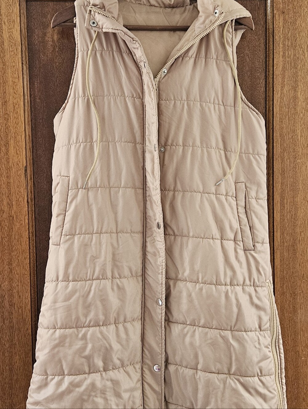 Sleeveless Quilted Hooded Long Vest - Beige